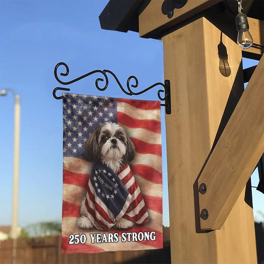 Shih Tzu American Flag Garden Flag | Patriotic 250th Anniversary Dog Art | Weather-Resistant Double Sided Print | Gift for Shih Tzu Owners & Yard Decor