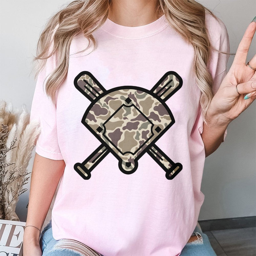 Baseball Camo T-Shirt | Crossed Bats Home Plate Graphic | Premium 100% Cotton Tee | Gift for Baseball Players and Sports Fans
