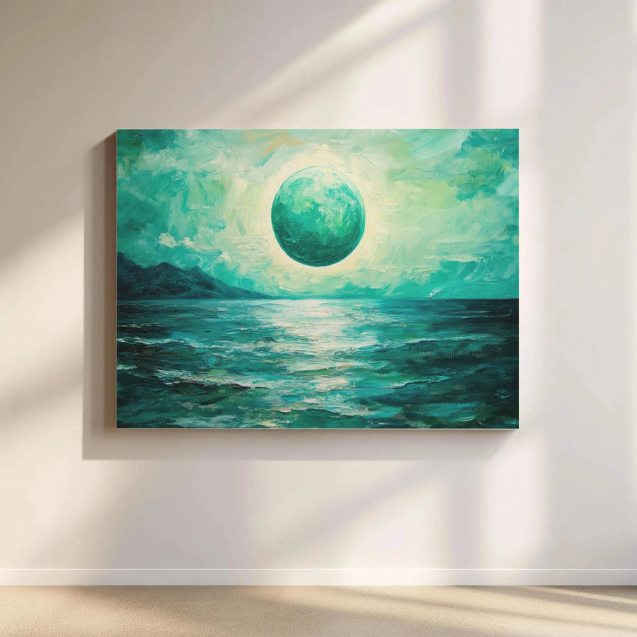 Teal Seascape Canvas Art | Glowing Green Moon Landscape Print | Premium Gallery Wrap 1.25" Frame | Modern Coastal Wall Decor for Bedroom