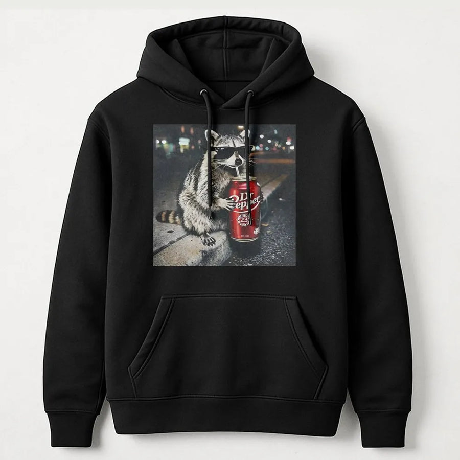 Raccoon Soda Meme Hoodie | Funny Vintage Animal Graphic Sweatshirt | Soft Cotton-Poly Blend | Trendy Streetwear Gift for Gen Z
