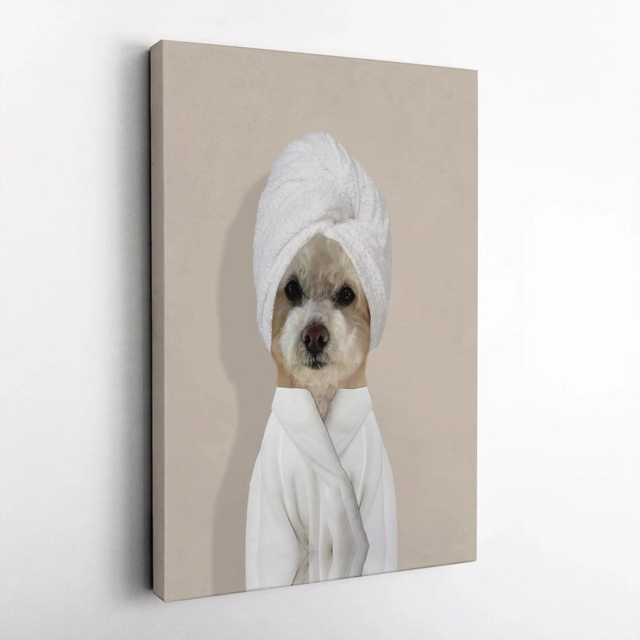 Funny Dog in Bathrobe Canvas Print | Whimsical Spa Pet Wall Art | Premium Gallery Wrapped Decor | Unique Gift for Dog Lovers