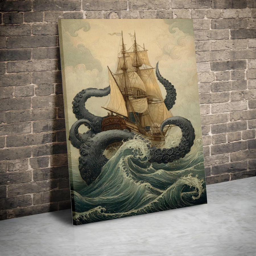 Kraken Attacking Ship Canvas Wall Art | Vintage Nautical Sea Monster Print | Premium Thick Gallery Canvas | Ocean Themed Home Decor Gift