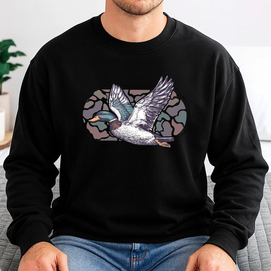 Mallard Duck Sweatshirt | Flying Duck Camo Graphic Print | Soft Cotton Blend Premium Pullover | Gift for Hunter Nature Lover Unisex Apparel