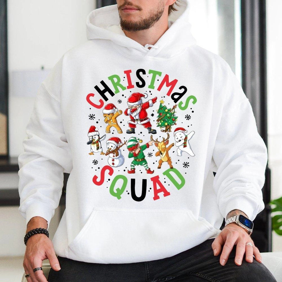 Christmas Squad Hoodie | Dabbing Santa and Friends Graphic | Premium Cotton Blend | Funny Holiday Gift for Family Matching Outfits