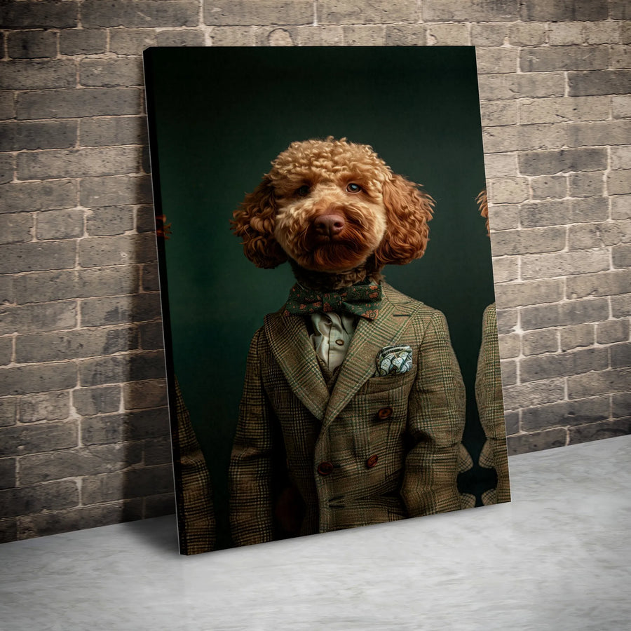 Dapper Poodle Canvas Wall Art | Anthropomorphic Dog in Vintage Tweed Suit | Premium Gallery Wrapped Canvas | Unique Home Decor Gift for Dog Lovers