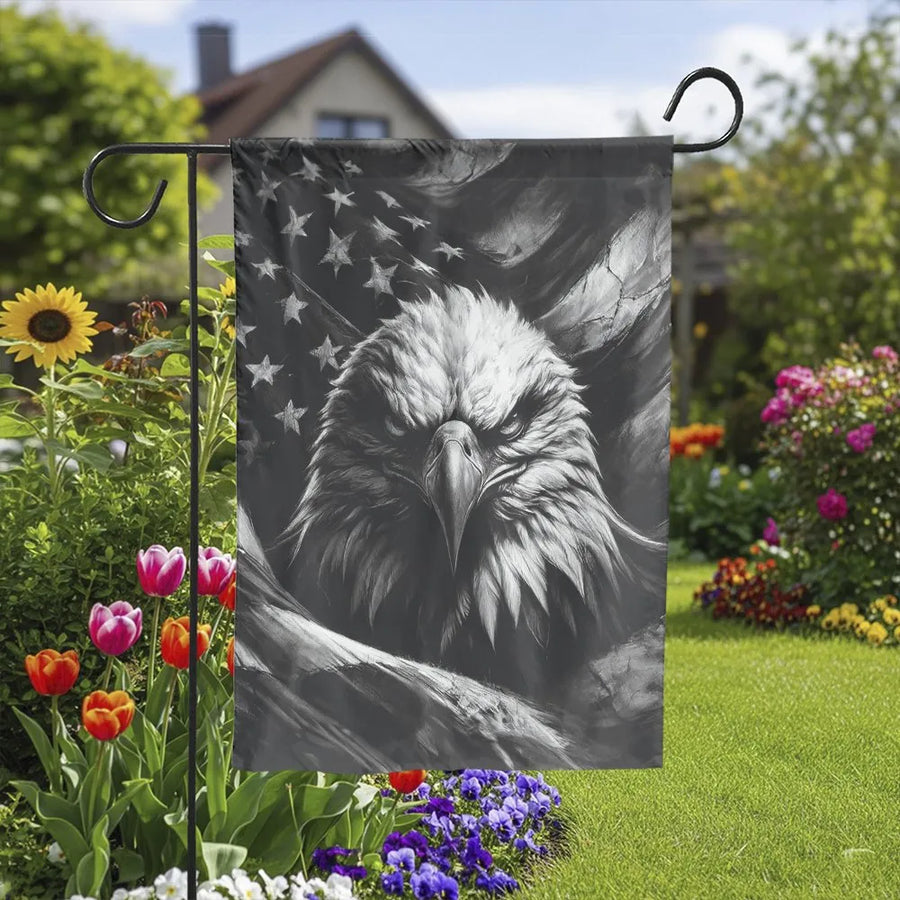 American Flag Eagle Garden Flag | Monochrome Bald Eagle Patriotic Art | Double-Sided Weatherproof 2-Layer Polyester | Memorial Day Veteran Gift Yard Decor