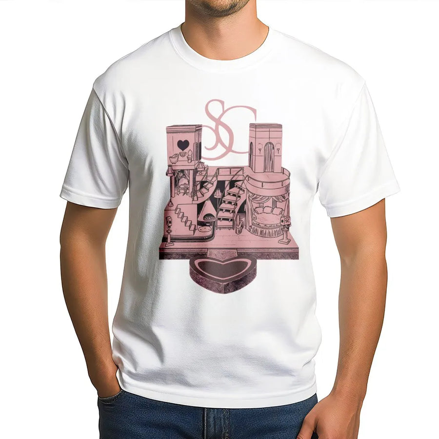 Graphic Music Album T-Shirt | Pink Dollhouse Bedroom Illustration | Premium 100% Cotton Tee | Gift for Pop Music Fans