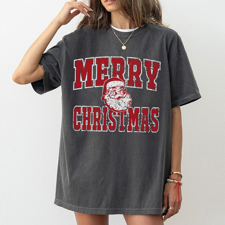 Merry Christmas Santa T-Shirt | Distressed Retro Holiday Graphic Print | 100% Premium Cotton Tee | Festive Unisex Gift for Christmas Lovers