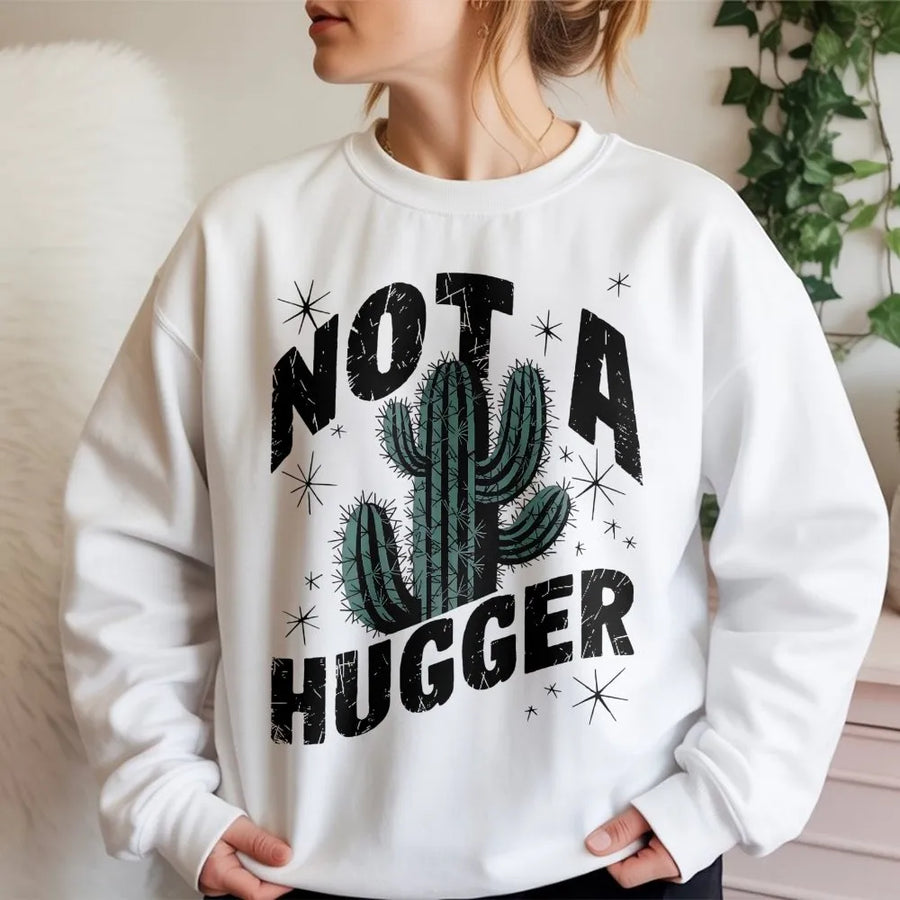 Not A Hugger Cactus Sweatshirt | Retro Desert Plant Graphic | Premium Cotton Blend Fleece | Funny Sarcastic Gift for Introverts