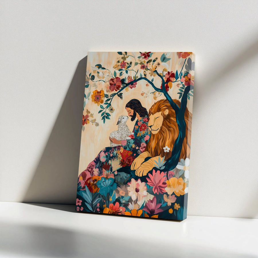 Lion and Lamb Christian Canvas Art | Floral Jesus with Lion and Lamb Painting | Premium Gallery Wrapped Canvas | Christian Home Decor Gift for Believer