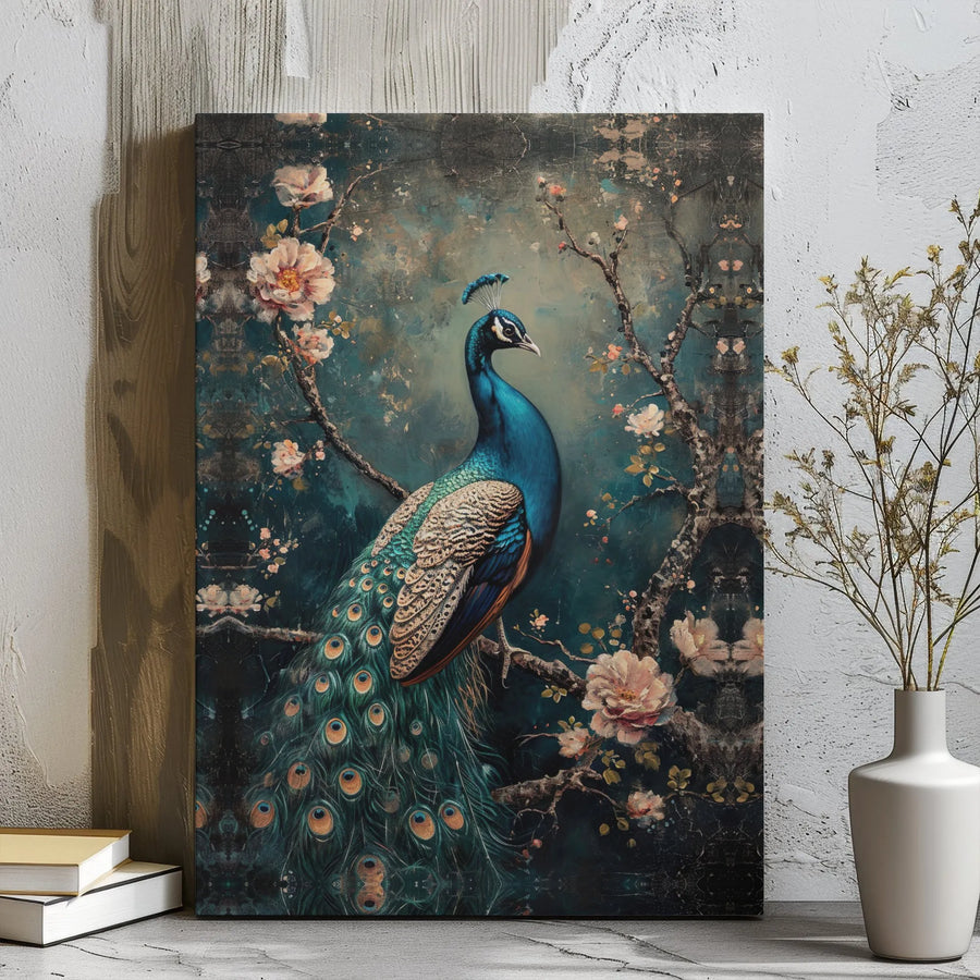 Peacock Wall Art Canvas | Vintage Floral Bird Illustration | Gallery Wrap 1.25 Inch Wood Frame | Elegant Home Decor For Bedroom Living Room