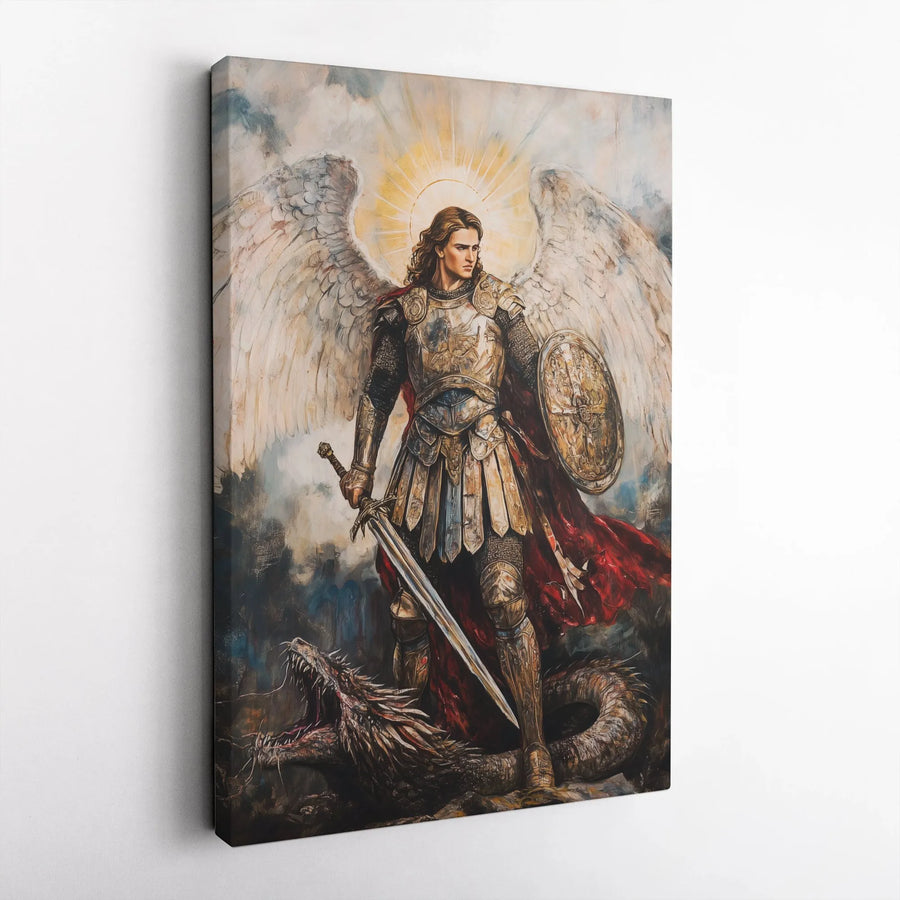 Saint Michael The Archangel Canvas Wall Art | Warrior Angel Slaying Dragon Print | Premium Gallery-Wrapped 1.25" Profile | Religious Home Decor Gift