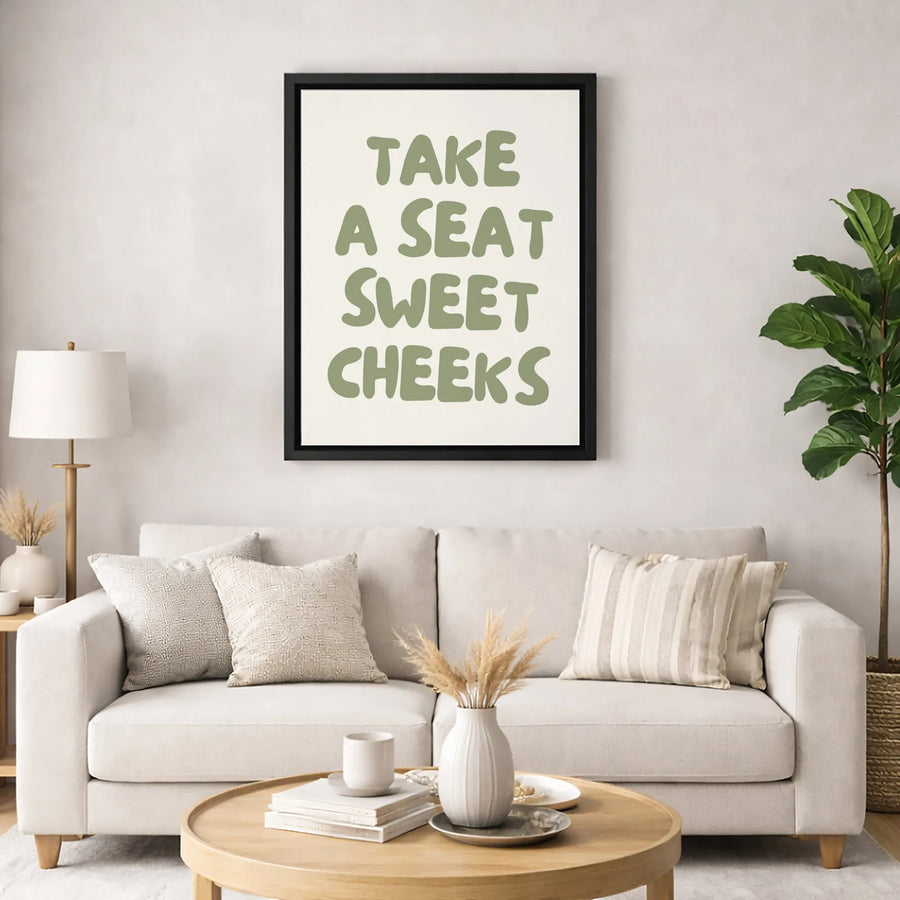 Take A Seat Sweet Cheeks Wall Art | Sage Green Retro Typography Print | Premium Gallery Wrap Canvas | Funny Bathroom Decor Gift