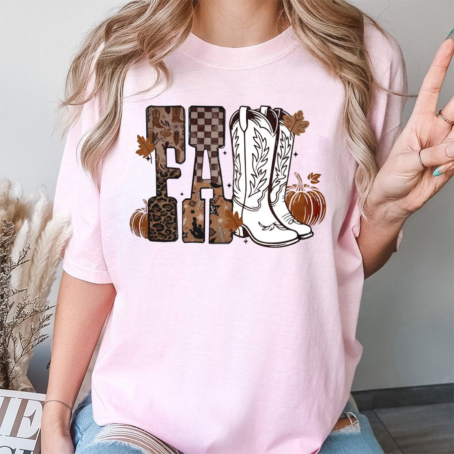 Western Fall T-Shirt | Cowgirl Boots and Pumpkin Design | Premium 100% Cotton | Boho Autumn Aesthetic Gift for Women