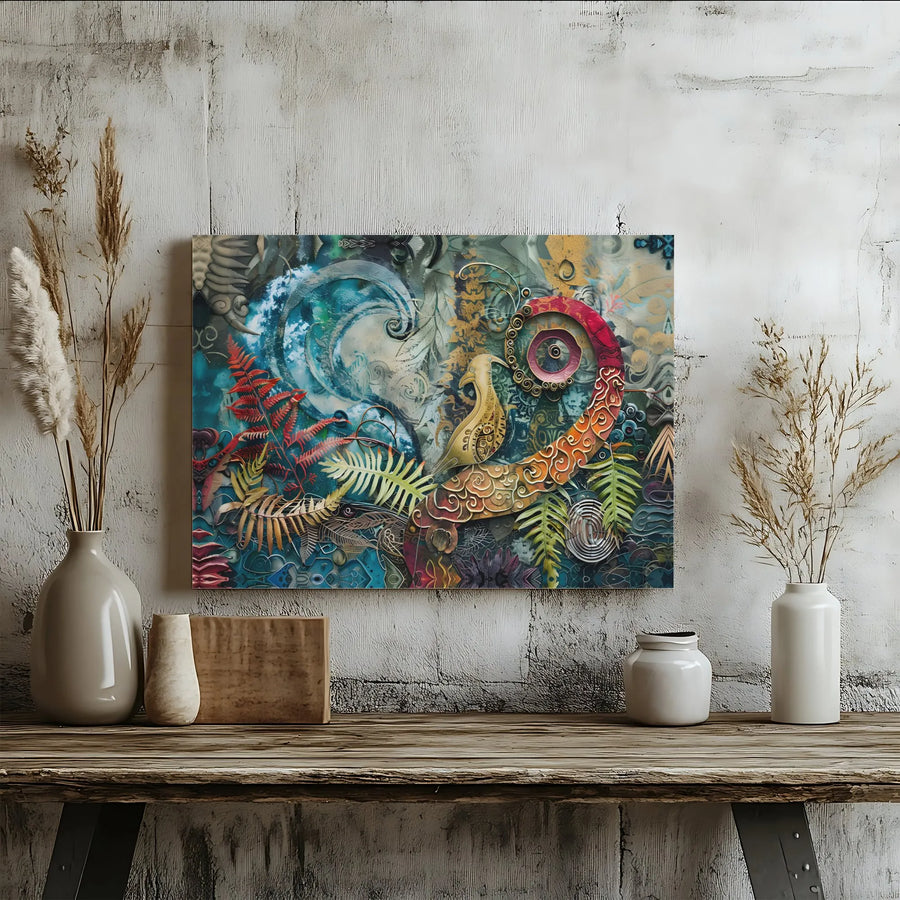 Surreal Botanical Canvas Print | Golden Bird and Fern Collage Art | 1.25-Inch Gallery Wrap | Premium Nature Home Decor