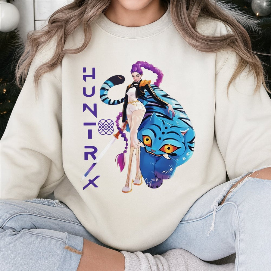 Huntrix Anime Sweatshirt | Fantasy Warrior and Blue Tiger Graphic | Premium Cotton Blend | Gift for Manga and Gaming Fans