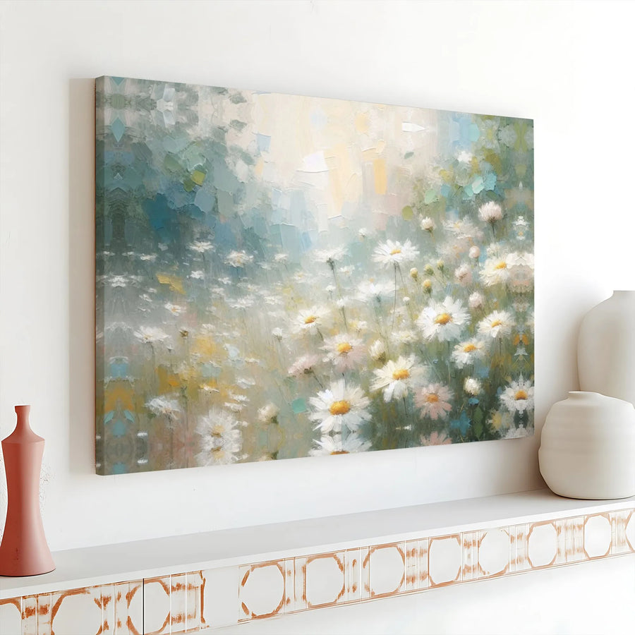 Impressionist Daisy Field Canvas Art | Abstract Wildflower Meadow Painting | Premium Gallery Wrapped Canvas | Living Room Decor Gift