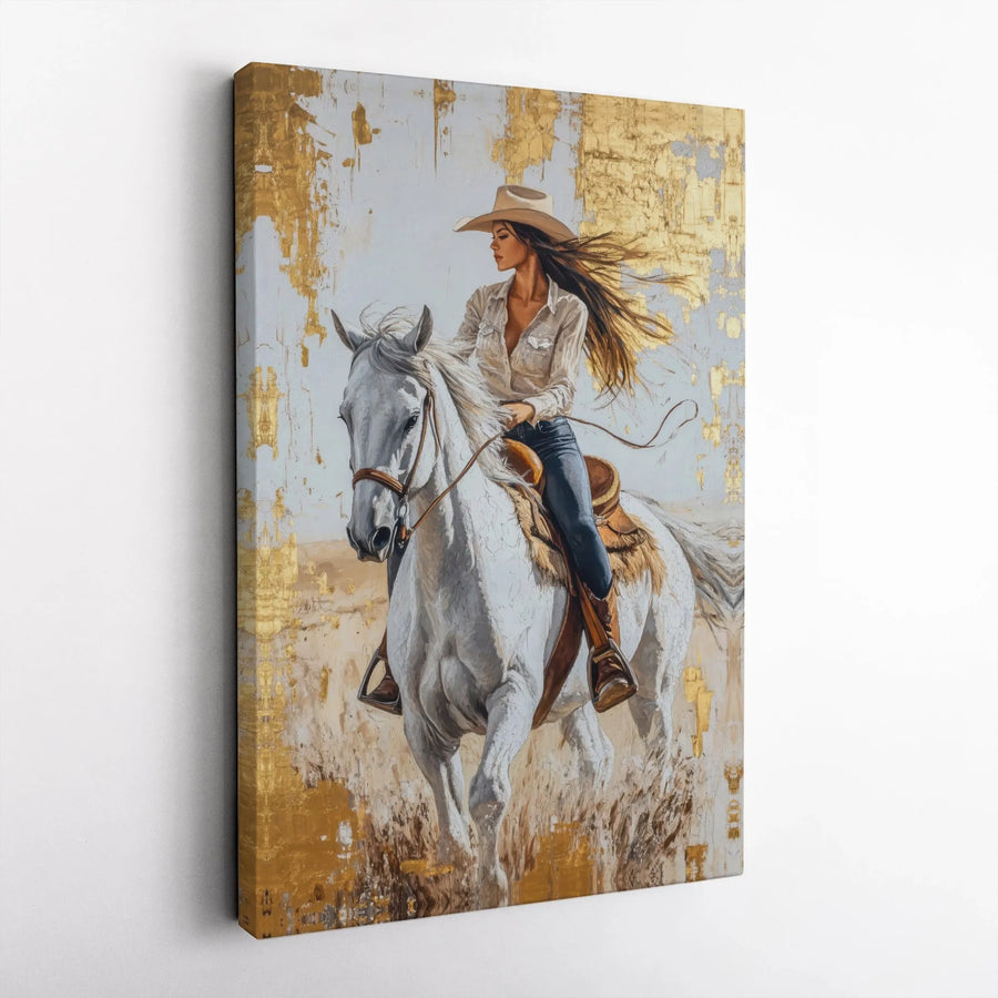 Western Cowgirl Canvas Wall Art | Modern Horse Rider Painting with Gold Accents | Premium Gallery Wrapped Canvas | Southwestern Rustic Home Decor Gift