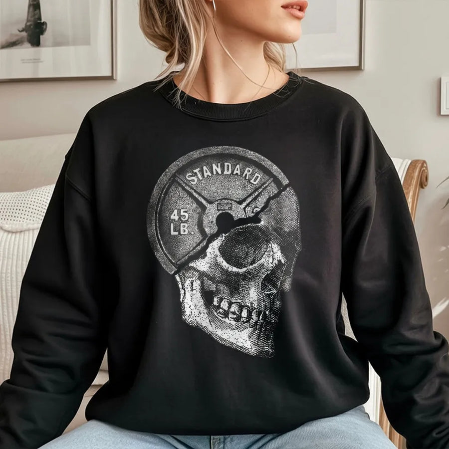 Gym Skull Sweatshirt | 45lb Weight Plate Graphic | Premium Cotton Fitness Tee | Gift for Bodybuilder or Weightlifter