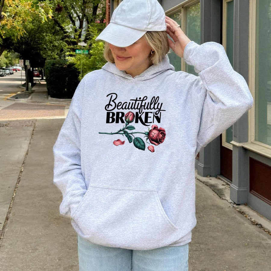 Beautifully Broken Graphic Hoodie | Aesthetic Rose Floral Art | Premium Cotton-Poly Blend | Cozy Gift For Her And Him