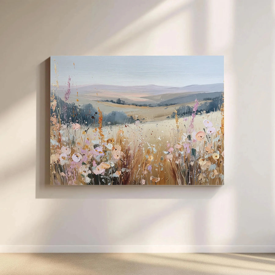 Wildflower Meadow Landscape Canvas | Impressionist Floral Wall Art | Premium Gallery-Wrapped Print | Modern Farmhouse Living Room Decor