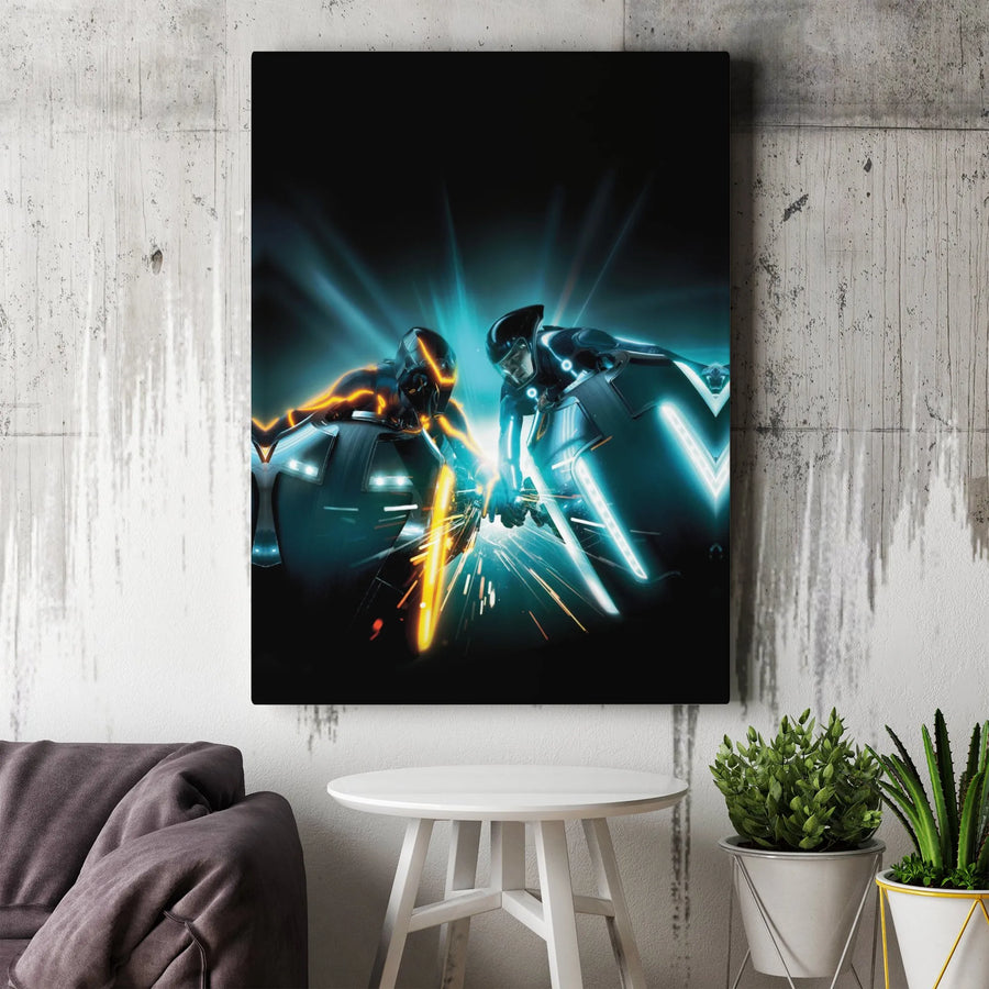 Sci-Fi Racing Light Cycle Canvas Print | Neon Cyberpunk Bike Battle Art | 1.25" Gallery Wrapped Wood Frame | Modern Gaming Room Wall Decor