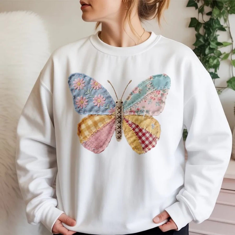 Patchwork Butterfly Sweatshirt | Faux Quilt Style Graphic Tee | Soft Cotton Shirt | Cottagecore Spring Gift for Women