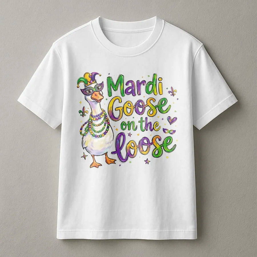 Mardi Goose On The Loose T-Shirt | Funny New Orleans Parade Graphic | Premium Soft Cotton Tee | Unisex Mardi Gras Gift For Her Him