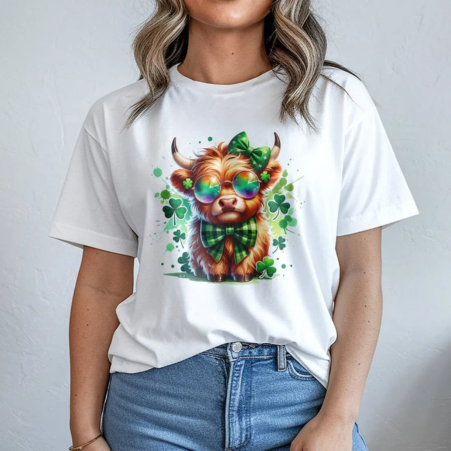 St. Patrick’s Day Highland Cow T-Shirt | Funny Irish Shamrock Graphic Tee | Premium Cotton Soft Shirt | Cute Farm Animal Gift for Women Men