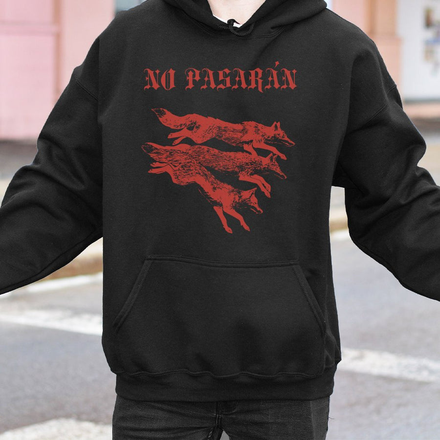 No Pasarán Fox Hoodie | Three Foxes Linocut Art Design | Premium Cotton Blend Pullover | Anti-Fascist Aesthetic Gift for Activists
