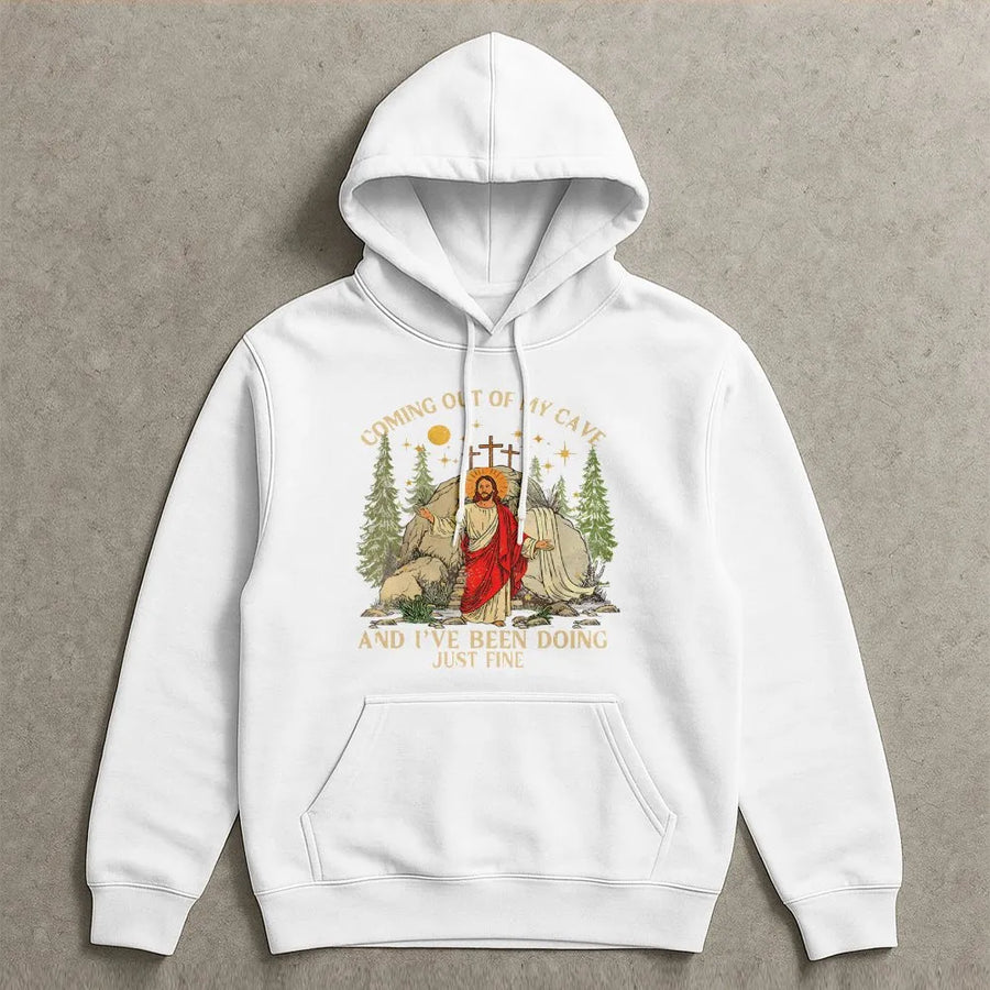 Jesus Coming Out Of My Cave Hoodie | Funny Christian Easter Graphic | Premium Cotton Blend | Gift For Him And Her