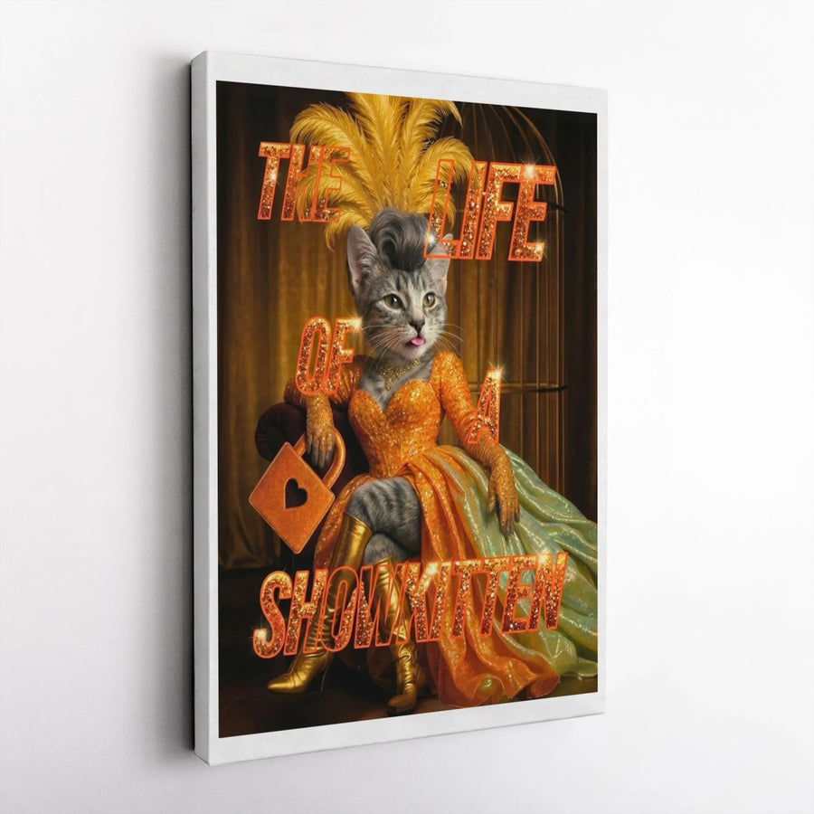Showkitten Cat Wall Art | Glamorous Showgirl Kitten Portrait | Gallery Wrapped Premium Canvas | Whimsical Gift For Cat Lovers