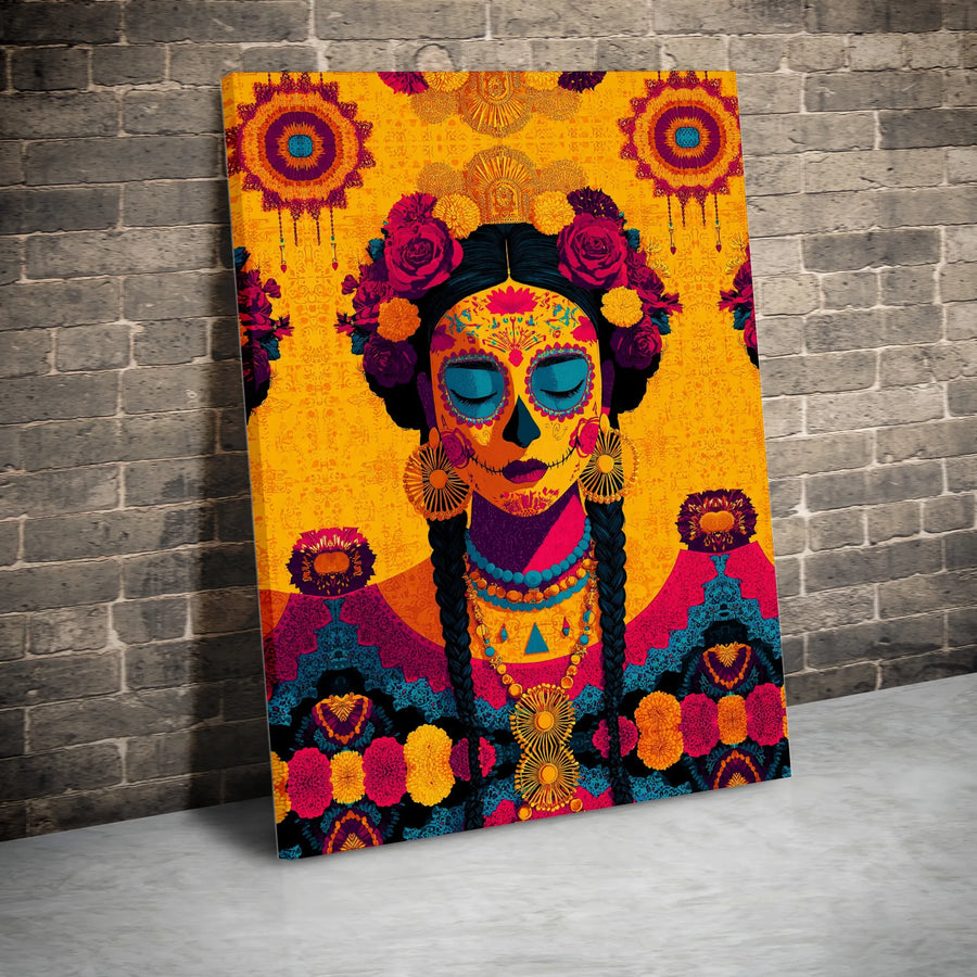 Day of the Dead Wall Art | Sugar Skull Woman Canvas Print | Premium Gallery Wrapped Decor | Dia de los Muertos Mexican Folk Art Gift