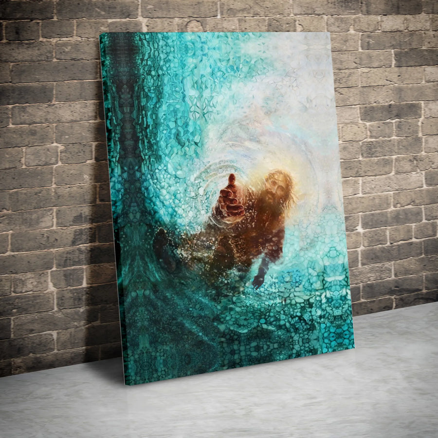Jesus Reaching Hand Wall Art | Under Water Savior Religious Canvas | Premium Gallery-Wrapped Print | Inspirational Christian Home Decor Gift