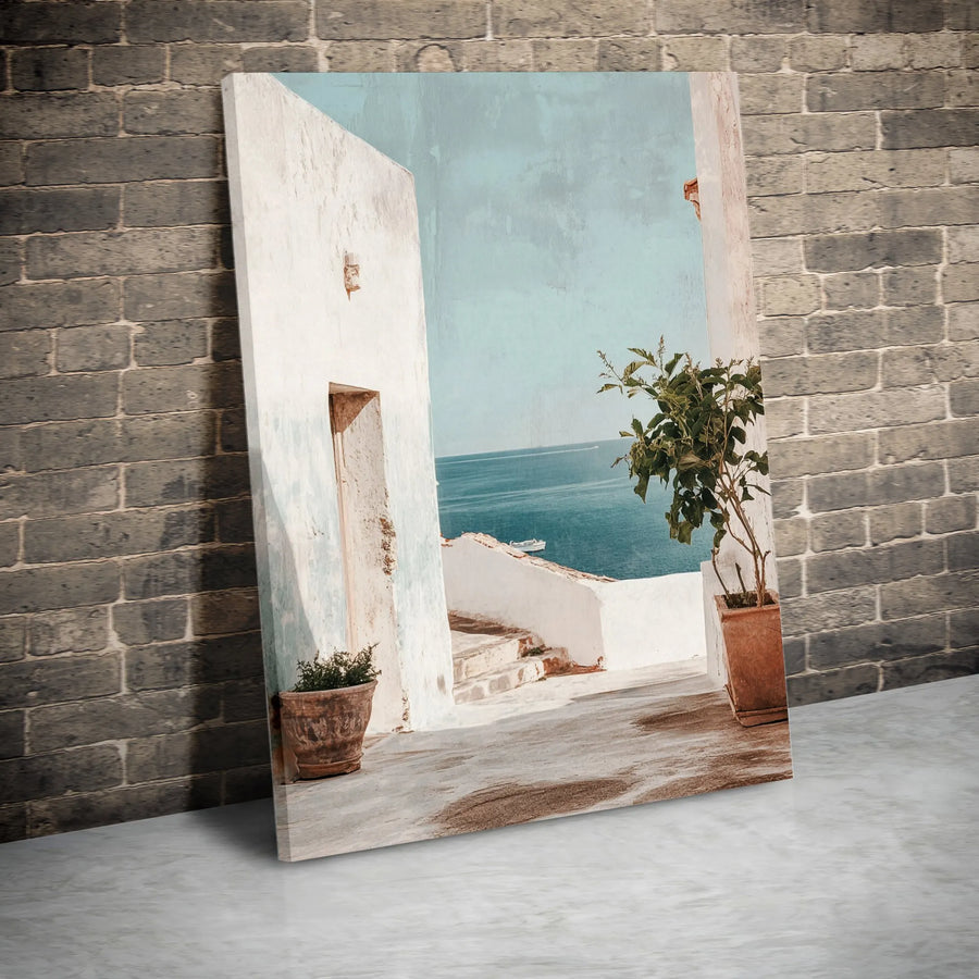 Mediterranean Seascape Vertical Canvas | Greek Island Alleyway with Ocean View | Premium Frameless Print | Coastal Home Decor Gift