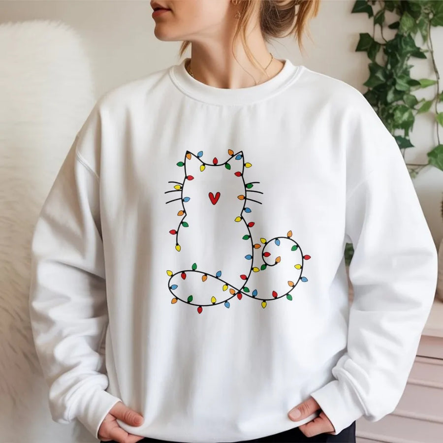 Cat Christmas Sweatshirt | Festive Holiday Lights Kitten Graphic | Premium Cotton-Poly Blend | Cozy Unisex Gift for Cat Lovers
