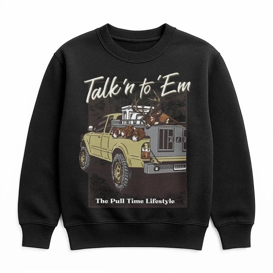 Talkin To Em Deer Hunting Sweatshirt | Hound Dog Truck Graphic | Premium Cotton Blend | Gift For Hunter Outdoorsman