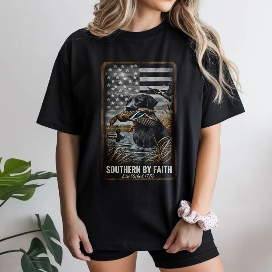 Black Lab Hunting T-Shirt | Patriotic American Flag & Duck Design | Premium Soft Cotton | Gift For Duck Hunter & Outdoorsman