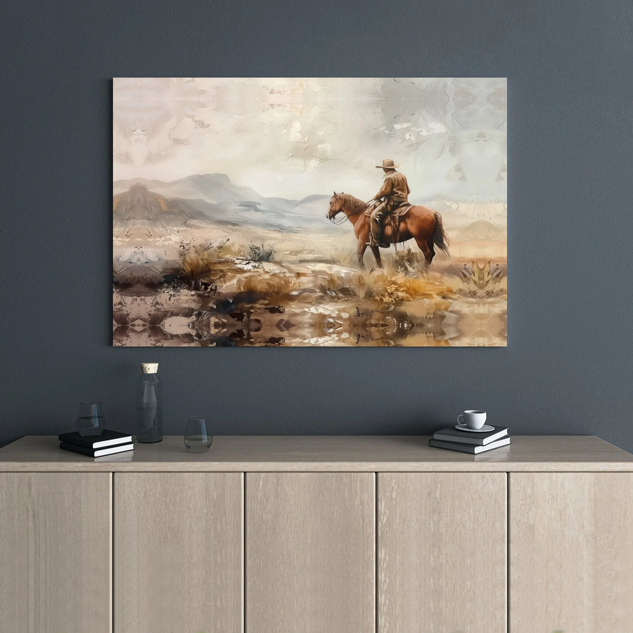 Lone Cowboy Canvas Wall Art | Abstract Western Landscape Painting | Gallery-Wrapped Premium Print | Rustic Decor for Home Office