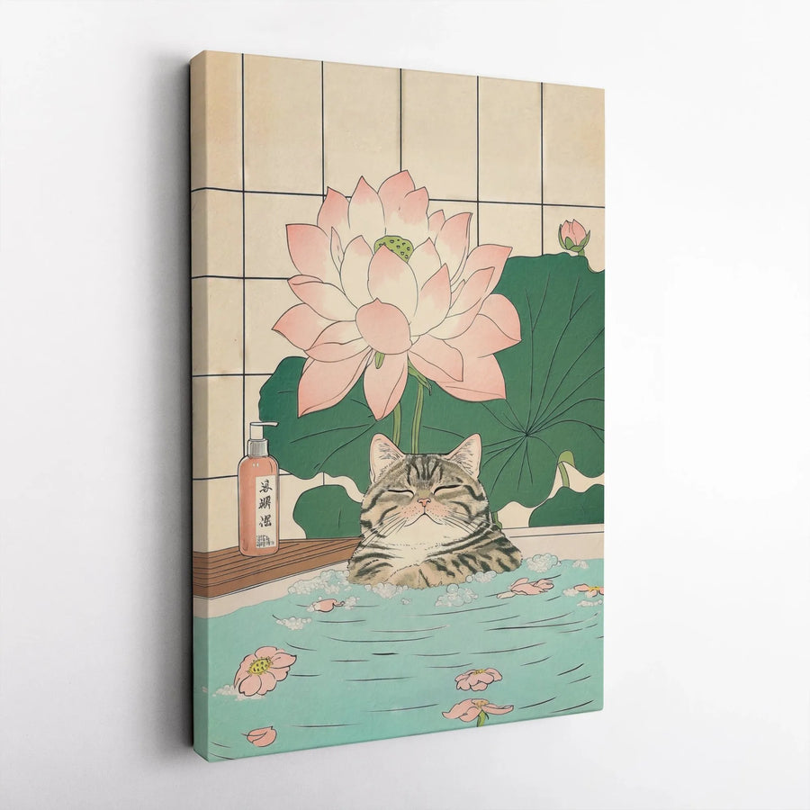 Japanese Cat Wall Art | Ukiyo-e Style Tabby Bathing in Lotus Flower | Premium Gallery Canvas | Cute Animal Home Decor Gift