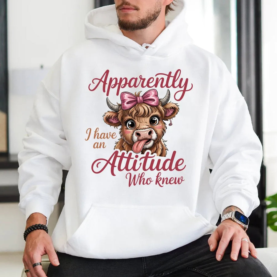 Apparently I Have An Attitude Hoodie | Cute Highland Cow Graphic Design | Premium Cotton Blend Sweatshirt | Funny Sassy Farm Animal Gift For Her