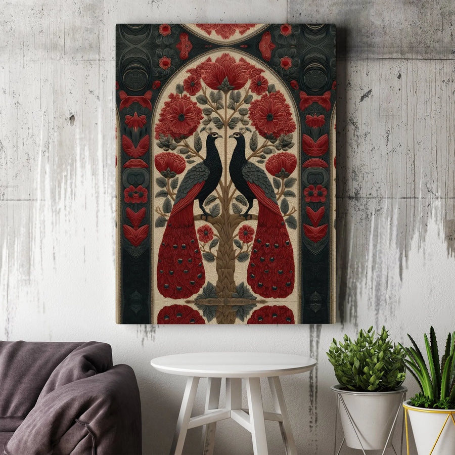 Peacock Tree of Life Canvas Art | Vintage Folk Art Floral Print | 1.25 Inch Gallery Wrap Wall Decor | Bohemian Botanical Home Gift