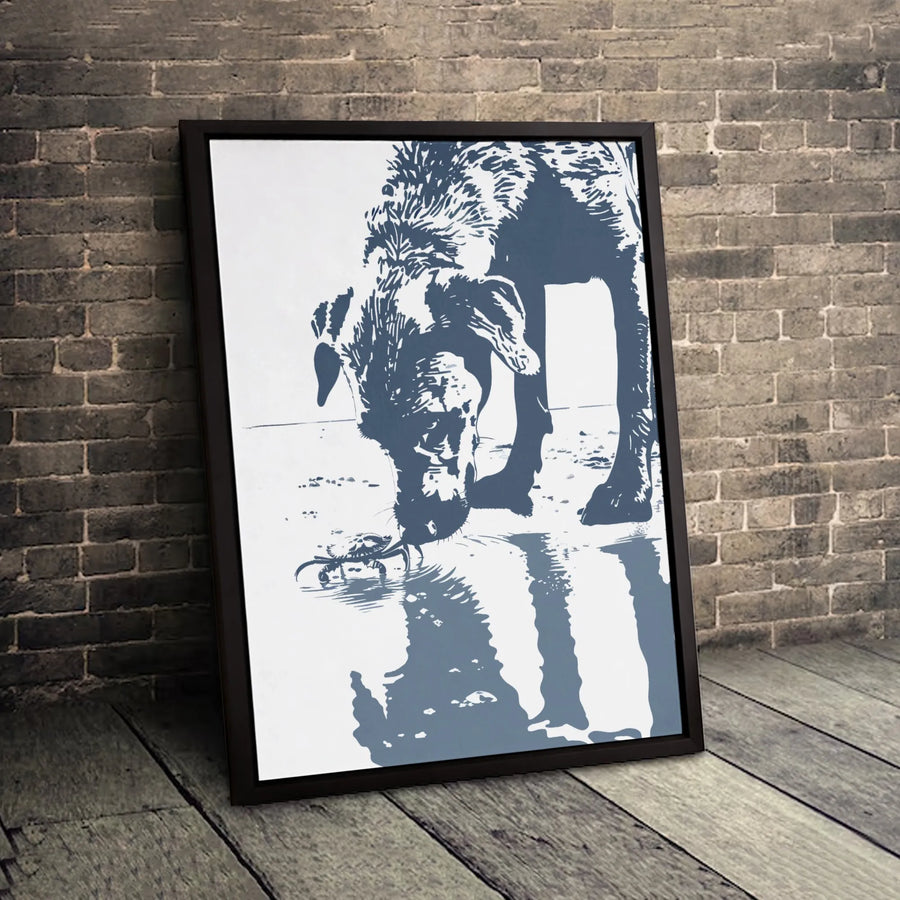Dog and Crab Beach Wall Art | Minimalist Coastal Animal Portrait | Premium Gallery-Wrapped Canvas Print | Gift for Dog Lovers & Beach House Decor