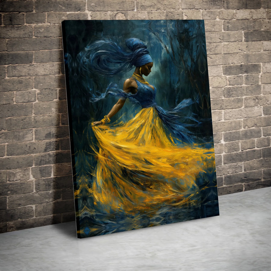 African Woman Canvas Art | Elegant Blue and Gold Dress Painting | Premium Gallery Wrap Canvas | Afrocentric Home Decor Gift