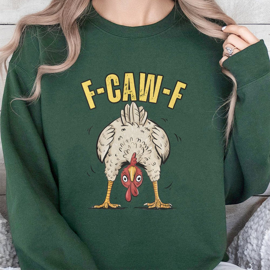 Funny Chicken Sweatshirt | F-Caw-F Farm Animal Graphic | Premium Cotton Blend Crewneck | Humorous Country Life Gift For Chicken Lovers