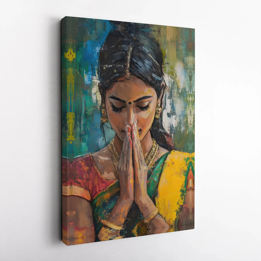 Praying Indian Woman Canvas Art | Colorful Abstract Portrait Painting | Premium Gallery Wrapped Canvas | Spiritual Home & Yoga Studio Decor Gift