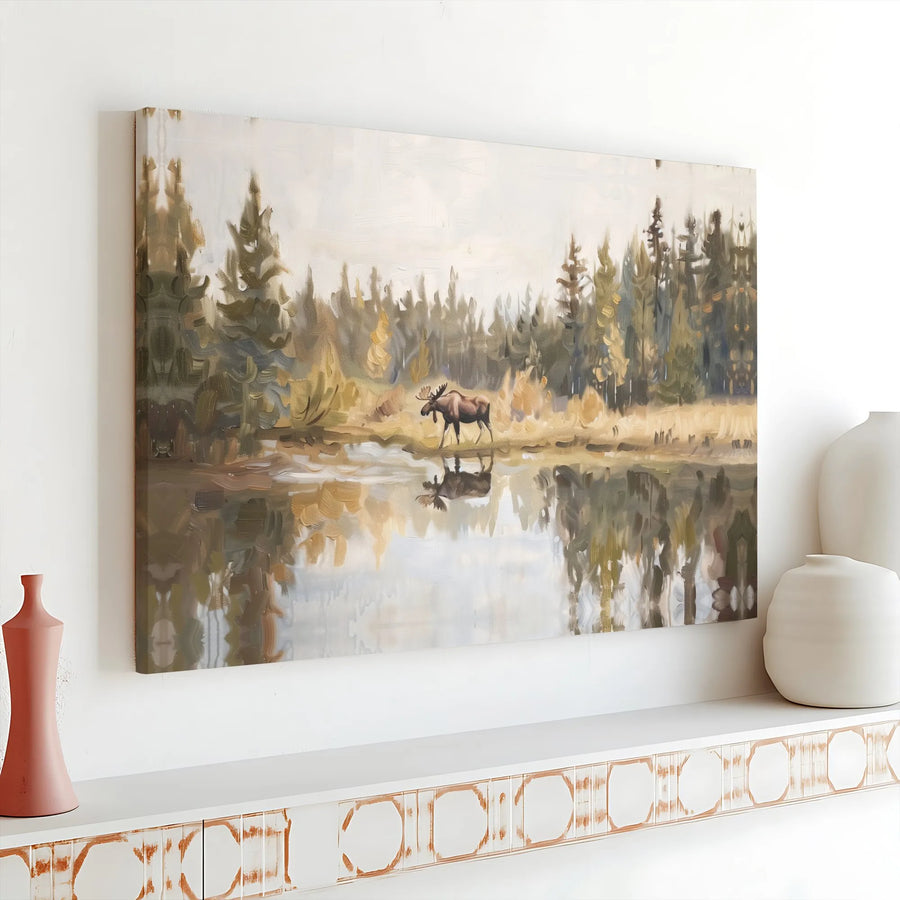 Moose Canvas Wall Art | Rustic Forest Scene with Lake Reflection | Premium Matte Canvas Print | Cabin Decor & Nature Lover Gift