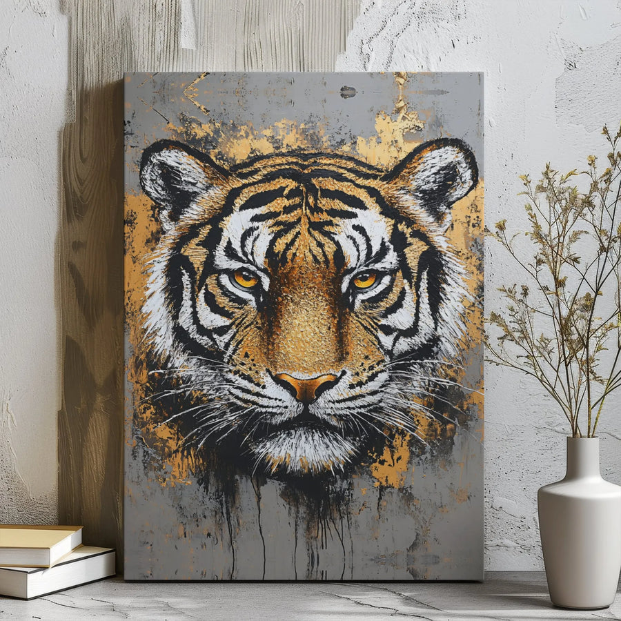 Abstract Tiger Canvas Wall Art | Golden Grey Animal Portrait | 1.25 Inch Gallery Wrap | Modern Home Office Decor Gift