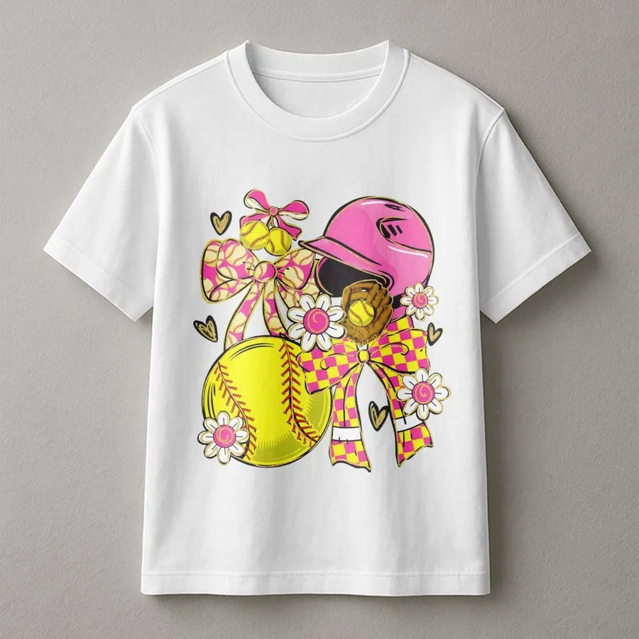 Softball Coquette T-Shirt | Pink Bow and Floral Softball Design | Premium 100% Cotton | Cute Game Day Gift for Softball Mom or Player