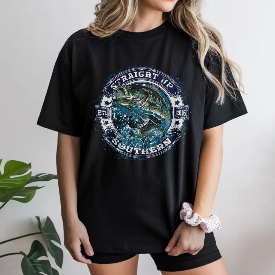 Bass Fishing T-Shirt | Jumping Largemouth Bass Badge Design | 100% Cotton Premium Apparel | Outdoor Life Gift for Anglers